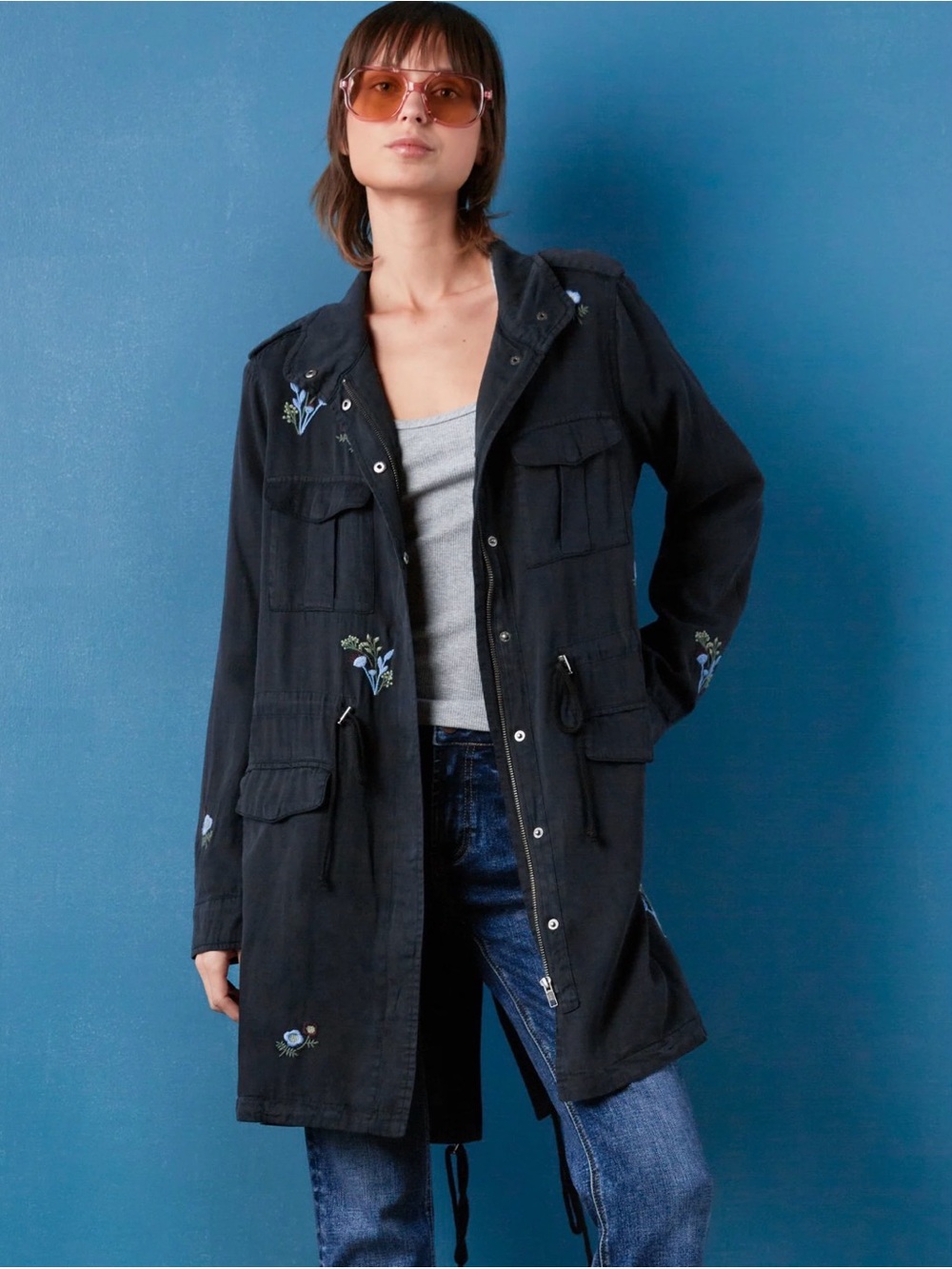 Billy T Hematite Soft Utility Jacket in black with floral embroidery